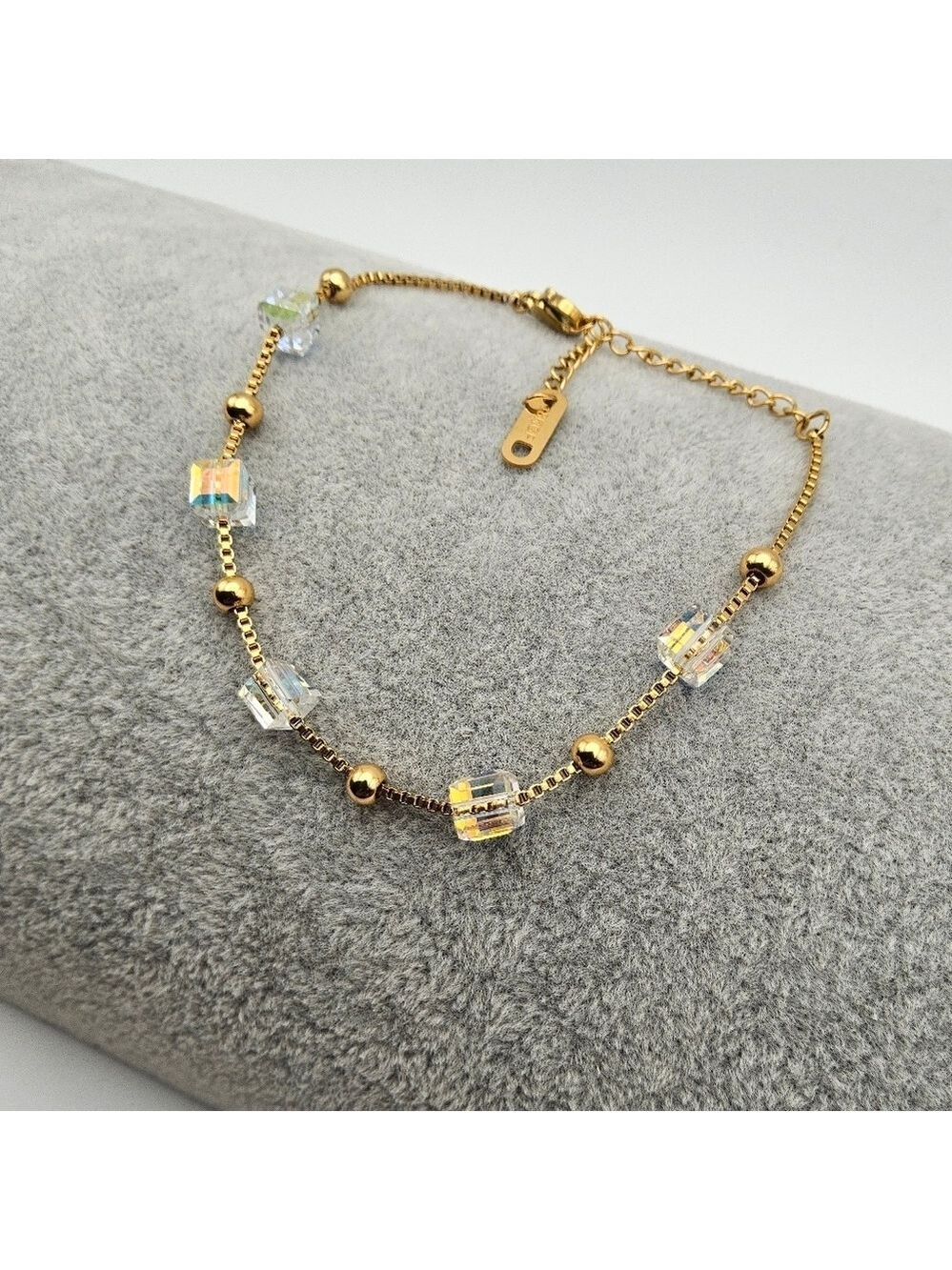 18k Gold Plated Stainless Steel Satellite Chain Bracelet, Iridescent Cube Bead